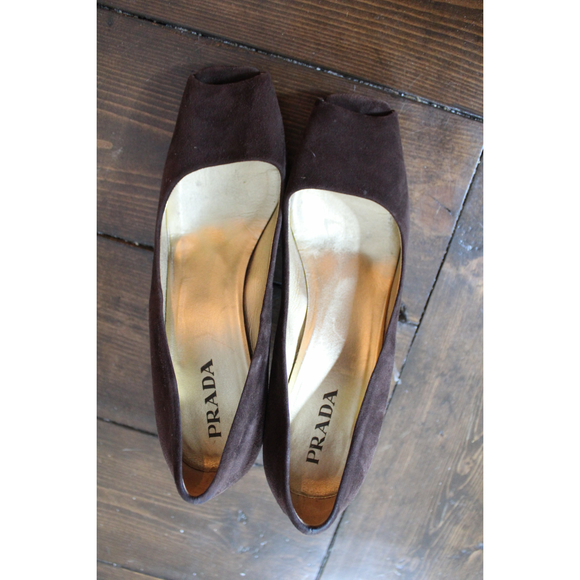 Prada Chocolate Brown Suede Peep Toe Wedges Size 37 / 6.5 - Picture 5 of 10